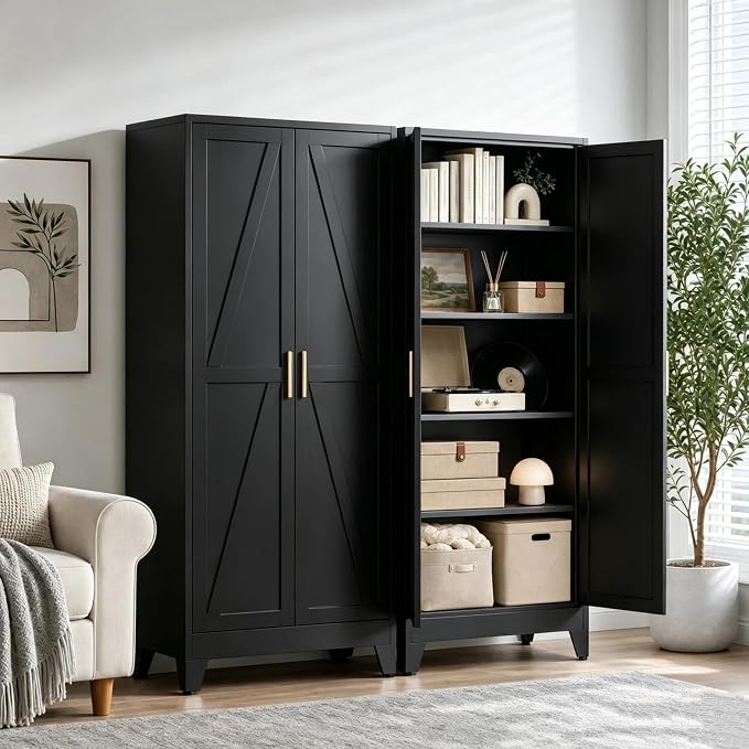 71”H Metal Kitchen Pantry Cabinet, Pantry Cabinets with 2 Doors and 4 Shelves, Kitchen Cabinet for Kitchen, Dining Room, Living Room and Bathroom, Black