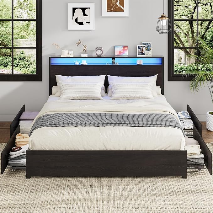Kiivakii King Size Bed Frame with 4 Storage Drawers, LED Platform Bed with Headboard, Built in Charging Station, Noise-Free, Metal Support Base, No Box Spring Needed, Black