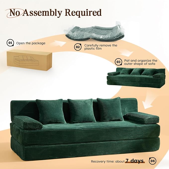 78.7IN Folding Sofa Bed - Convertible Sleeper Sofa Couch with Zippered Pillows, 3 Seater Couches Bed for Living Room, Bedroom, Apartment, No Assembly Required, Freestanding, Corduroy, Green
