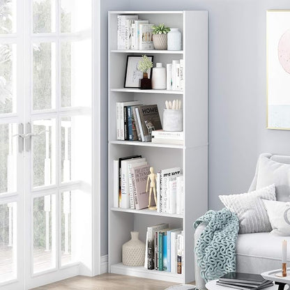 Furinno Jaya Book Shelf Set of 2, 5-Tier Bookshelf, Bookcase, with Adjustable Shelf, 9.5 x 24.5 x 71, for Home Office, Living Room, White