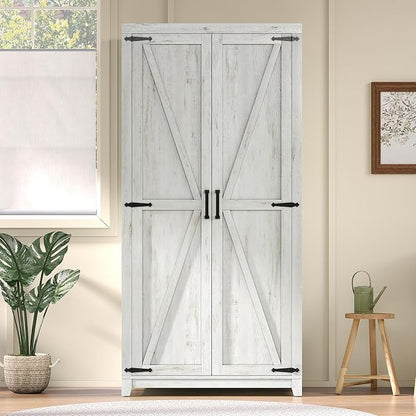 LUXOAK 70" Large Armoire Wardrobe Closet with Hanging Rod, Farmhouse Clothing Storage Cabinet with 2 Barn Doors, Wooden Tall Bedroom Armoires with Shelf, Distressed White
