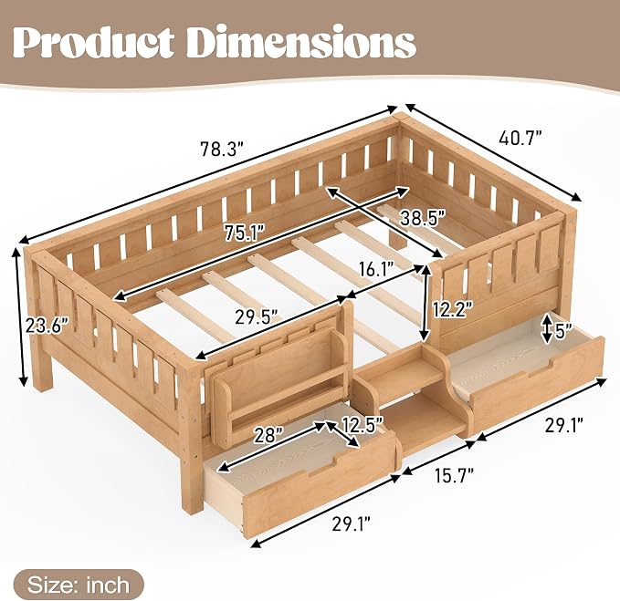 Bellemave Twin Bed with Storage Drawers & Bookshelf, Low Profile Kids Bed Frame with Staircase & Full Length Guardrails, Solid Wood Twin Bed for Kids with Slats Load 300LBS, Easy Assembly, Natural