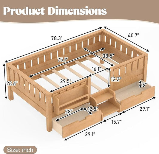 Bellemave Twin Size Kids Bed with high Rails and with Built-in Bookshelf and Drawers for Kids, Girls, Boys, Wood Montessori Bed Without Door, Light Natural