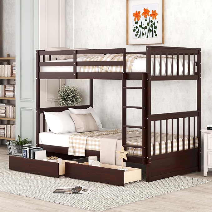 Merax Wood Bunk Bed with Drawers,Convertible Wood Bunk Bed with Ladders and Two Storage Drawers,Solid Wood Detachable Bed Frame with Ladders,Twin Over Twin Size,Espresso