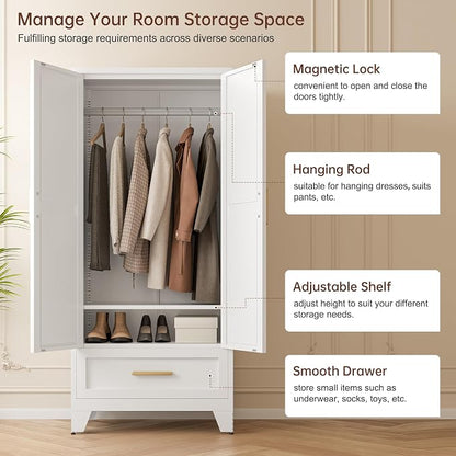 LCAOPC 71" Tall Metal Wardrobe Cabinet with Drawer and Hanging Rod, 2 Doors Armoire Wardrobe Closet with Shelf for Bedroom, Office, Laundry Room, White