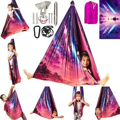 HiCamer Double Layer Sensory Swing for Kids & Adults Holds up to 300lbs Indoor and Outdoor Therapy Cuddle Swing with 360° Swivel Hanger Kit Adjustable with Aspergers Autism ADHD (Fantasy Pink)