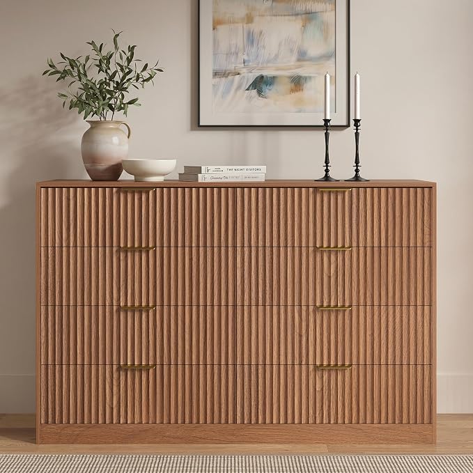 8 Drawer Dresser for Bedroom, 55" Wide Fluted Chest of Drawers with Gold Metal Handles, Modern Wooden Dresser, Closet Storage Organizer Mid Century TV Stand for Living Room Hallway Light Walnut