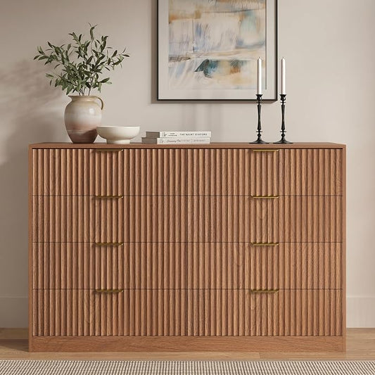 8 Drawer Dresser for Bedroom, 55" Wide Fluted Chest of Drawers with Gold Metal Handles, Modern Wooden Dresser, Closet Storage Organizer Mid Century TV Stand for Living Room Hallway Light Walnut