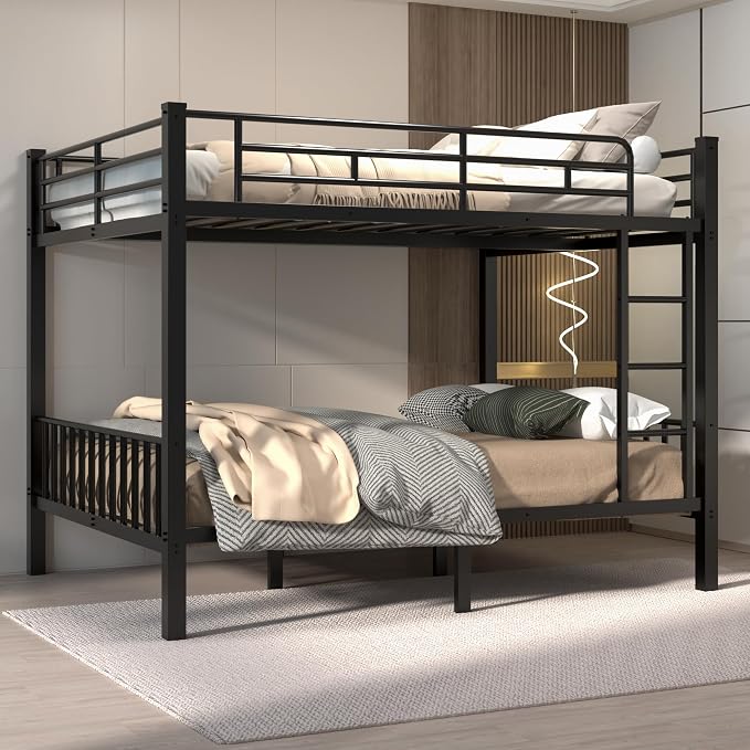 Mixcous Queen Over Queen Bunk Bed, Heavy-Duty Bed Frame with Safety Guardrails, Built-in PVC Rubber Cover Anti-Slip Ladder, Metal Bunk Bed, Noise Reduced, Black
