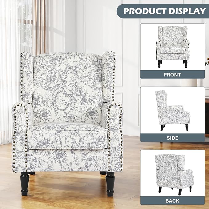 High Back Floral Accent Chairs Set of 2, Fabric Wingback Chair Upholstered Armchair for Living Room - Rococo Light Gray