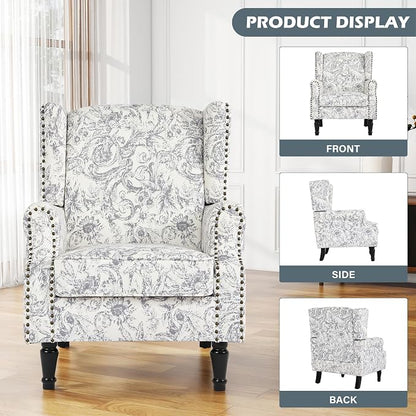 High Back Floral Accent Chairs Set of 2, Fabric Wingback Chair Upholstered Armchair for Living Room - Rococo Light Gray