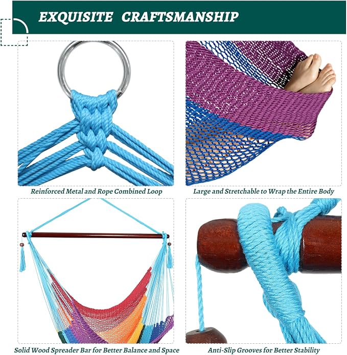 Caribbean Hammock Swing Chair with Spreader Bar, Large Hammock Chair, Hand Craft Rope Hanging Chair Outdoor, Indoor, Bedroom, 330 LBS Weight Capacity, Rainbow