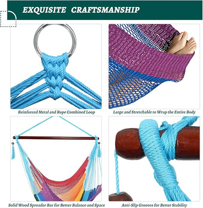 Caribbean Hammock Swing Chair with Spreader Bar, Large Hammock Chair, Hand Craft Rope Hanging Chair Outdoor, Indoor, Bedroom, 330 LBS Weight Capacity, Rainbow