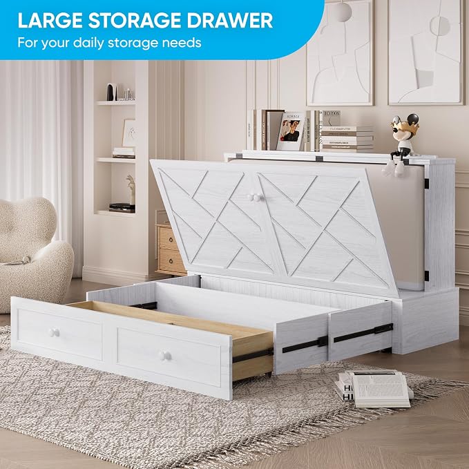 Mjkone Queen Size Murphy Cabinet Bed with Tri-Fold Mattress, Multi-Functional Cube Cabinet Bed, Mobile Wall Beds Chest with Storage Drawers and USB Charging Station for Bedroom Office, White