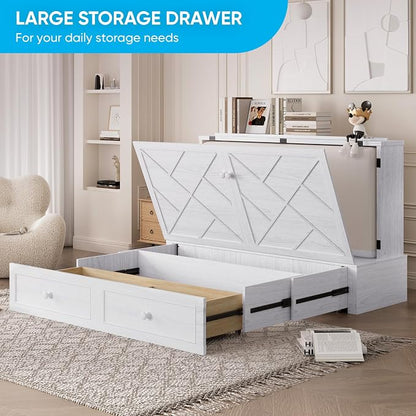 Mjkone Queen Size Murphy Cabinet Bed with Tri-Fold Mattress, Multi-Functional Cube Cabinet Bed, Mobile Wall Beds Chest with Storage Drawers and USB Charging Station for Bedroom Office, White