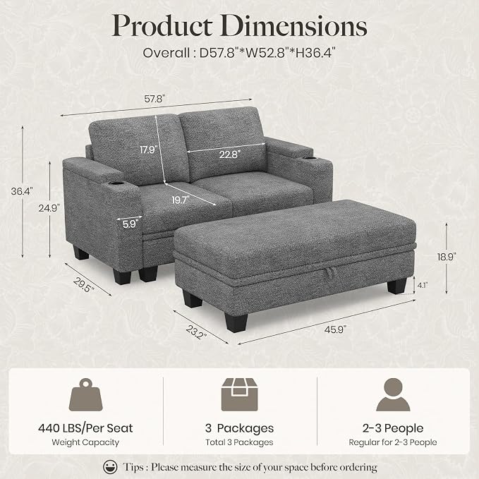 Belffin Sectional Sofa Bed with Storage Ottoman Small Modular Couch with Cup Holder Apartment Couch Light Grey