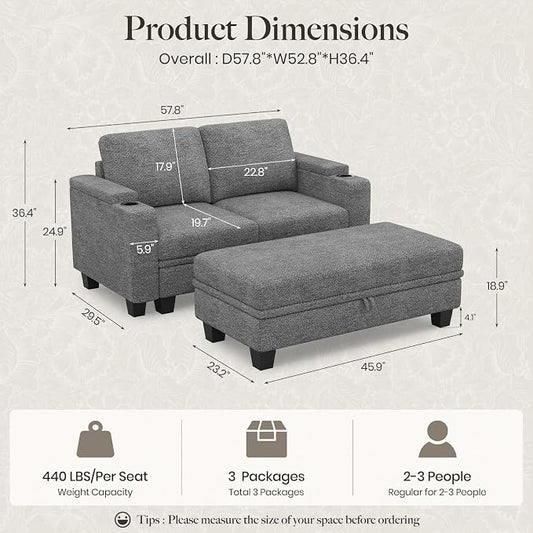 Belffin Sectional Sofa Bed with Storage Ottoman Small Modular Couch with Cup Holder Apartment Couch Light Grey