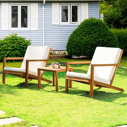 IDZO Natural 3-Piece Patio Bistro Sets with Foldable 400lbs Weight Chairs, a 220lbs Shelf Table, Made from FSC-Certified Acacia Wood, Featuring Washable Cushions and an Ergonomic Design