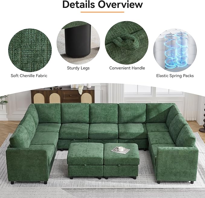 127'' Oversized U Shaped Modular Sofa, Sectional Couches with Storage for Living Room, Modern 9 Seater Cloud Sectional Couch with Movable Ottoman, Chenille Dark Green