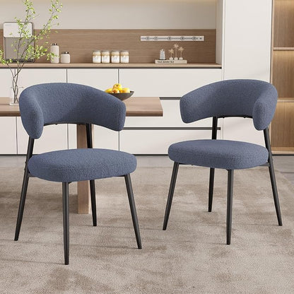 Dining Chairs Set of 4, Mid Century Modern Kitchen Chairs, Boucle Upholstered Dining Chair with Curved Backrest & Metal Legs for Kitchen Dining Room, Dark Blue