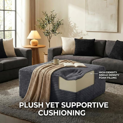 Oversized Boneless Ottoman for Living Room – Plush Square Corduroy Upholstered Couch Ottoman, Modern Low-Profile Footrest for Sectional & Modular Sofa-Black