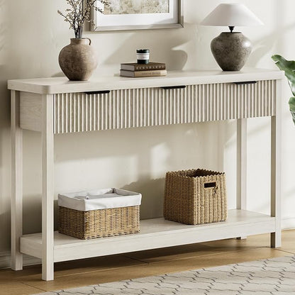 Lulive Fluted Console Table, 51 Inch Entryway Table with 3 Drawers | Scandi farmhouse look with quiet full-extension slides, open lower shelf, profile for hallway, entry, foyer or behind sofa.