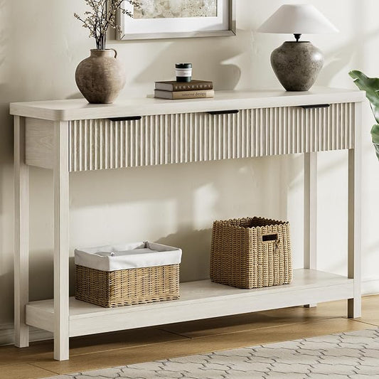 Lulive Fluted Console Table, 51 Inch Entryway Table with 3 Drawers | Scandi farmhouse look with quiet full-extension slides, open lower shelf, profile for hallway, entry, foyer or behind sofa.