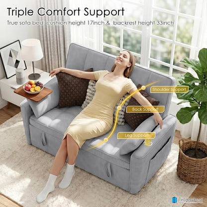 54'' Sleeper Sofa Bed, Convertible Pull Out Couch Futon for for Living Room,Apartment (Midgrey) Side Desk, USB Ports, Cup Hold, Velvet Fabric, Adjustable Backrest, Easy Assembly