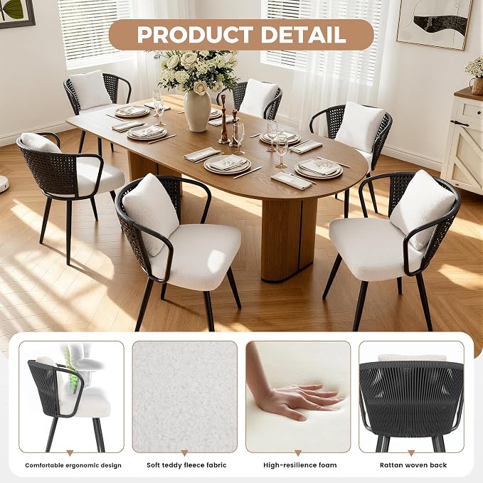 Modern Rattan Dining Chairs Set of 2, Upholstered Kitchen Chair with Metal Legs, Ergonomic Curved Backrest, Rope Weaving Living Room Chairs with Throw Pillow for Kitchen, Black