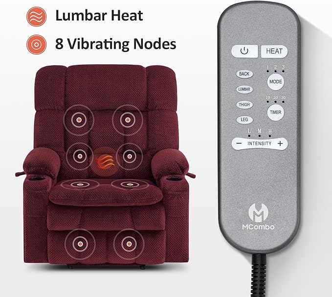 MCombo Oversized Power Lift Recliner Chair for Elderly, Dual Motor Lift Chair with Heat and Massage, Lay Flat Lift Chair for Big and Tall, Cup Holders, Fabric R7891 (Large-Wide, Burgundy)