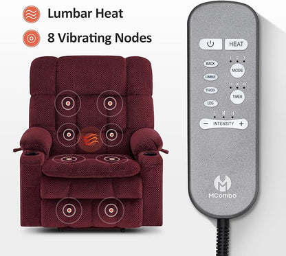 MCombo Oversized Power Lift Recliner Chair for Elderly, Dual Motor Lift Chair with Heat and Massage, Lay Flat Lift Chair for Big and Tall, Cup Holders, Fabric R7891 (Large-Wide, Burgundy)