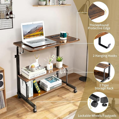 Mobile Laptop Desk with Power Outlets, Height Adjustable TV Tray Table with Storage Shelf, Rolling Computer Table with USB Ports (Vintage Brown)