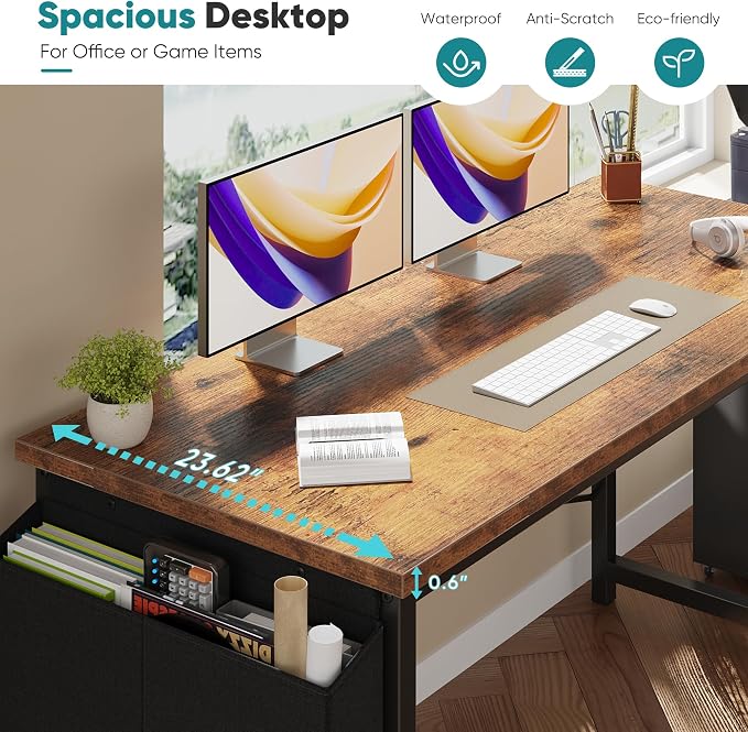 OLIXIS Computer Desk, 63 Inch Home Office Desks for Small Spaces, Writing Craft Study Gaming Table for Bedroom, Modern Computer Workstation with Storage Bag, Rustic Brown