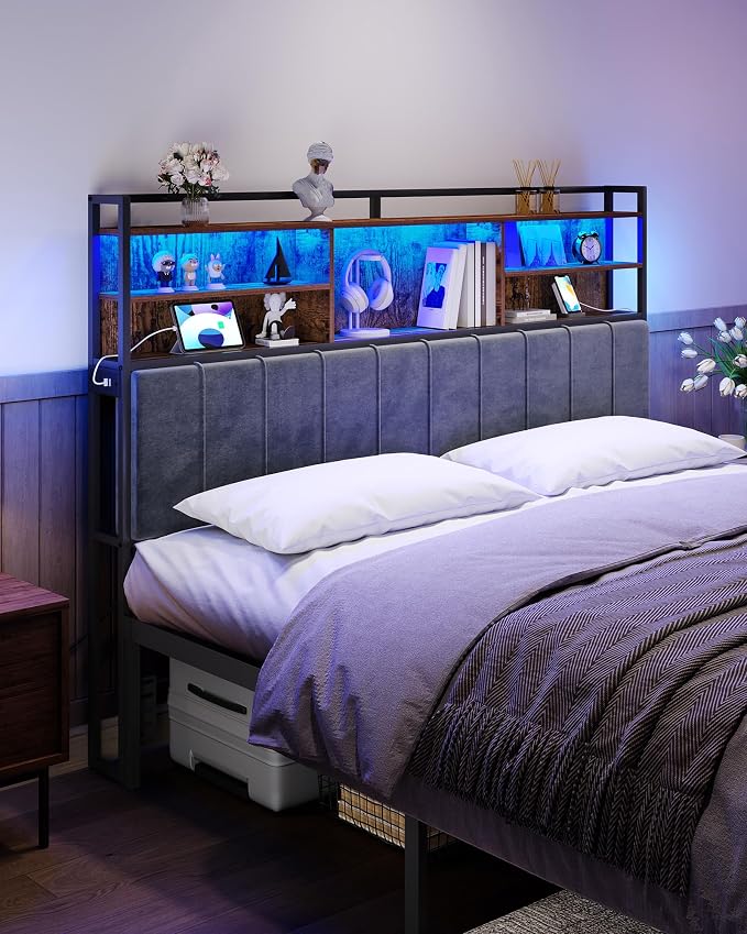 Hzuaneri Headboard with 3-Tier Storage Shelves, Velvet Upholstered Head Board with 2 Outlets, USB Ports & LED Light, Soft Backrest for King Size Bed Rustic Brown and Black BH19401B