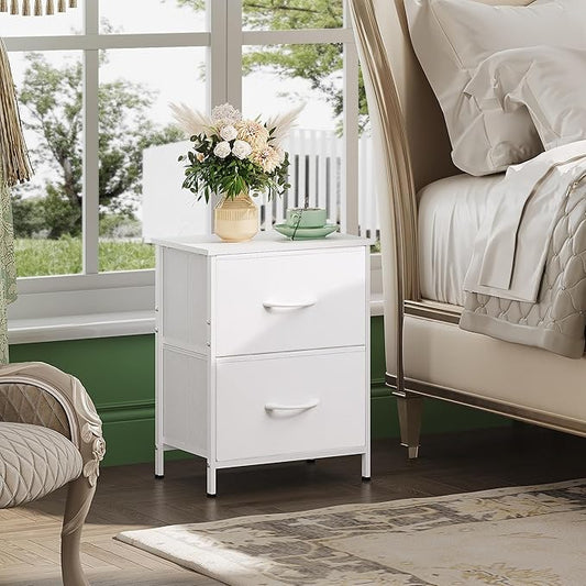 WLIVE White Night Stand, Small Dresser with 2 Drawers & Wooden Top, Nightstand with Fabric Bins, Bedside Table End Table for Bedroom, Closet, Entryway, College Dorm, White