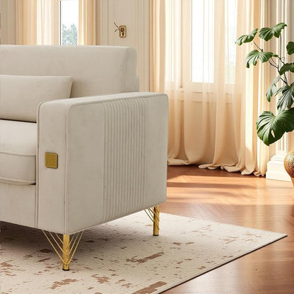 KEIKI 86" Oversized Luxury Velvet Sofa with Armrest and Removable Plush Cushions, Modern Gold Accents 3-Seater Couch with Solid Legs, Easy Assembly, for Living Room, Bedroom, Apartment, Beige