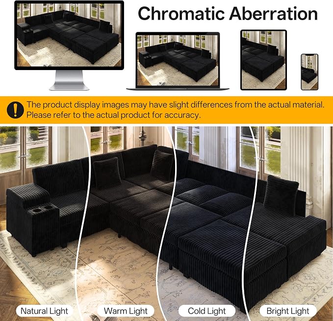 KEIKI 110" L-Shaped Oversized Plush Corduroy Modular Sectional Sofa with Pull-Out Bed, Convertible 6-Seater Sleeper Couch Bed with 1 Ottomans & USB & Cup Holders, Easy Assembly, for Living Room, Black