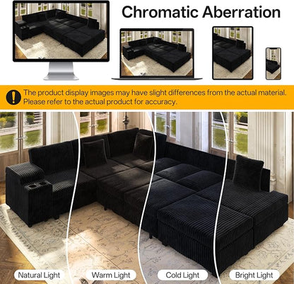 KEIKI 110" L-Shaped Oversized Plush Corduroy Modular Sectional Sofa with Pull-Out Bed, Convertible 6-Seater Sleeper Couch Bed with 1 Ottomans & USB & Cup Holders, Easy Assembly, for Living Room, Black