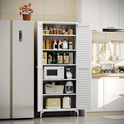 Metal Kitchen Pantry Cabinet with 2 Doors,Metal Pantry Cabinet with 5 Adjustable Shelves for Kitchen,Home,74.2" H × 31.5" W × 15.75" D,Required Assembly, White