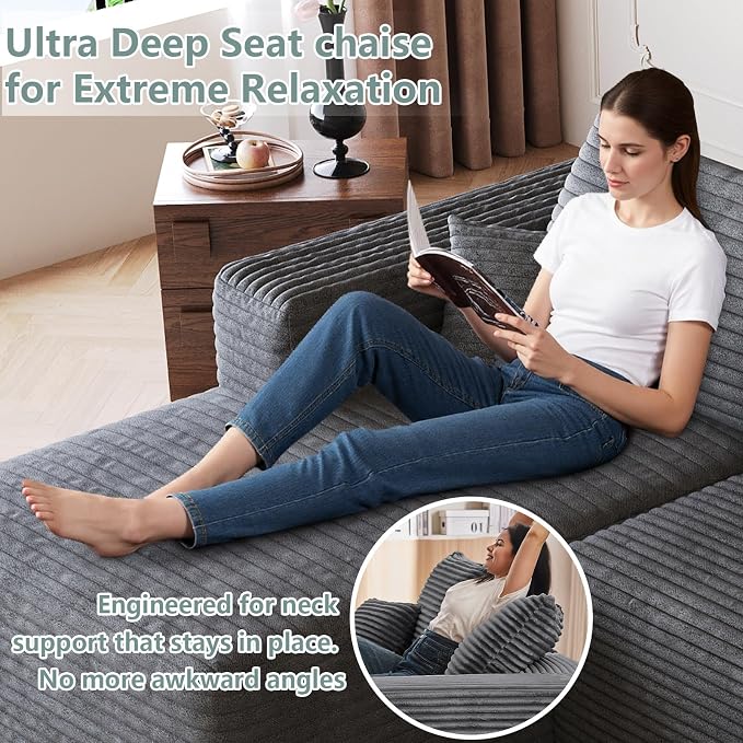 95" Modular Sectional Sofa, Modern Corduroy Cloud Couch with Side Pockets, Boneless Couch Upholstered 3-Seater L-Shaped Sofa for Living Room, No Assembly Required (Dark Gray,Left-Facing Chaise)