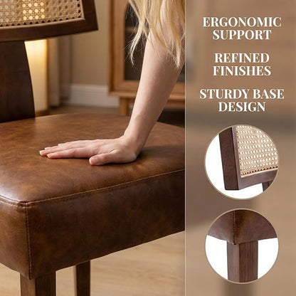HNY Mid Century Modern Rattan Dining Chairs Set of 6, Farmhouse PU Leather Upholstered Accent Chair Curved Backrest Kitchen Chairs, with Hardwood Frame, Brown