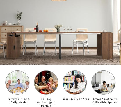 Extendable Dining Table with Built-in Power Outlet, 118” Expandable Dining Table for 11, Expandable Console Table with Storage Cabinet, Modern Transformer Table Walnut