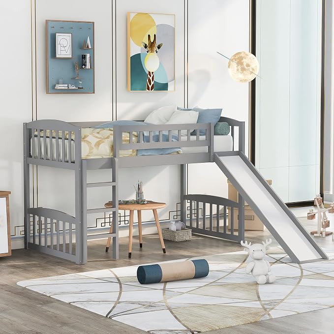Twin Size Loft Bed, Wood Loft Bed with Slide and Ladder, Gray