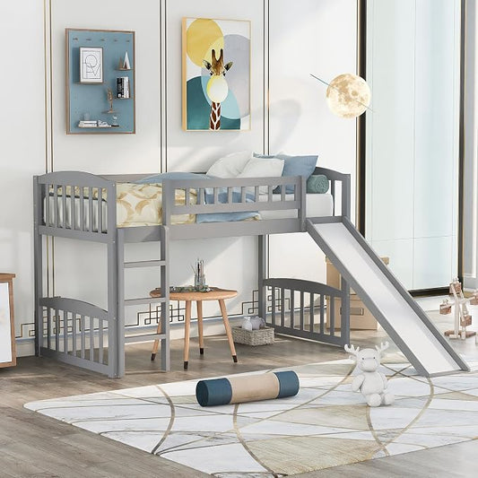 Twin Size Loft Bed, Wood Loft Bed with Slide and Ladder, Gray