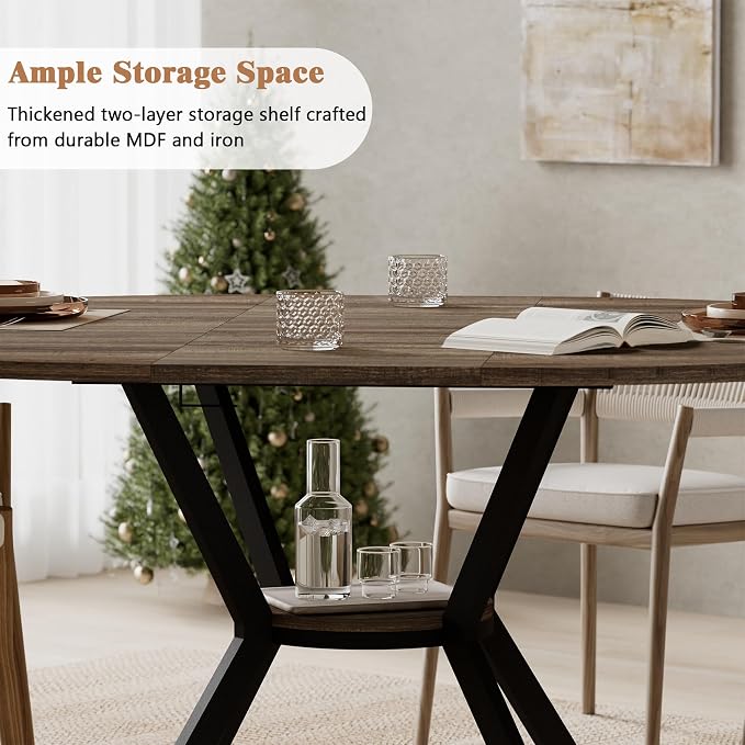 42"-58" Extendable Round Dining Table for 4-6, Kitchen Oval Table with Hidden Leaves & Storage Shelf, Space Saving Modern Design with Sturdy Metal Legs for Kitchen, Dining Room & Small Apartments