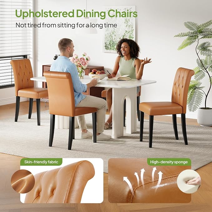 Welzona Upholstered Dining Chairs Set of 4, Button Tufted Parsons Dining Chair with Solid Wood Legs, Modern PU Leather Side Chair for Dining Room/Kitchen/Restaurant/Hotel- Brown