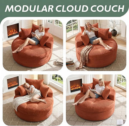 Oversized Round Chaise Lounge Chair, Deep Seat Cloud Boneless Floor Sofa Couch, Upholstered Corduroy Sleeper with 3 Pillows & Optional Ottoman, No Assembly Modern Lazy Floor Lounger for Living Room