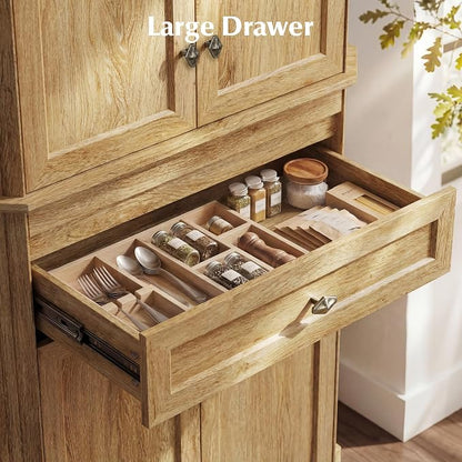 72.2" Tall Kitchen Pantry Cabinet with Doors, Farmhouse Storage Cabinet with Charging Station & LED Light, Drawer, Adjustable Shelves and Pull-Out Shelves, Oak Wood Pantry Cupboard for Dining Room