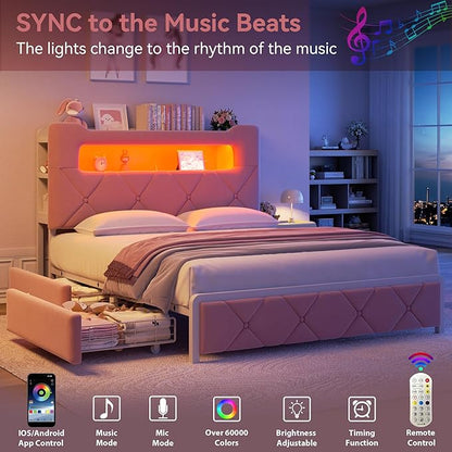 Full Upholstered LED Bed Frame with 2 Storage Drawers and 2-Tier Storage Headboard, Velvet Princess Platform Bed with Charging Station & Bookcase, Heavy Duty Metal Support, No Box Spring Needed, Pink