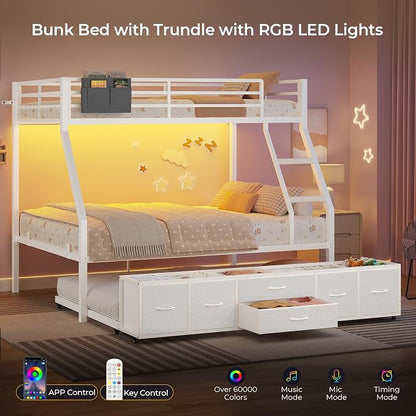 BTHFST Bunk Bed Twin Over Full with Trundle, LED Lights Bunk Beds with 6 Large Storage Drawers, Metal Bunk Beds with Ladder and Full-Length Guardrail, Space Saving, White
